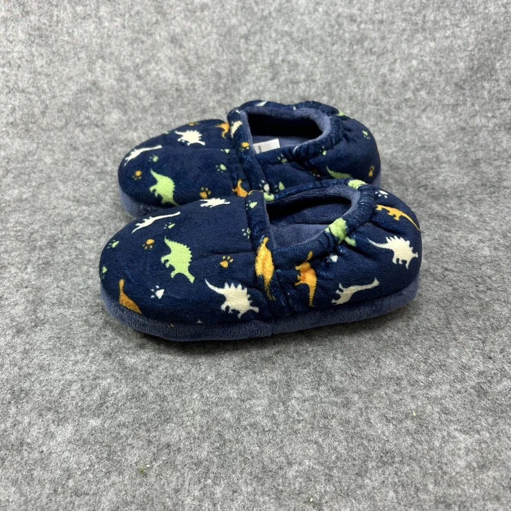 Unbranded Toddler Dinosaur Print Slippers Size 7/8 Navy Blue Faux Fur Lined
